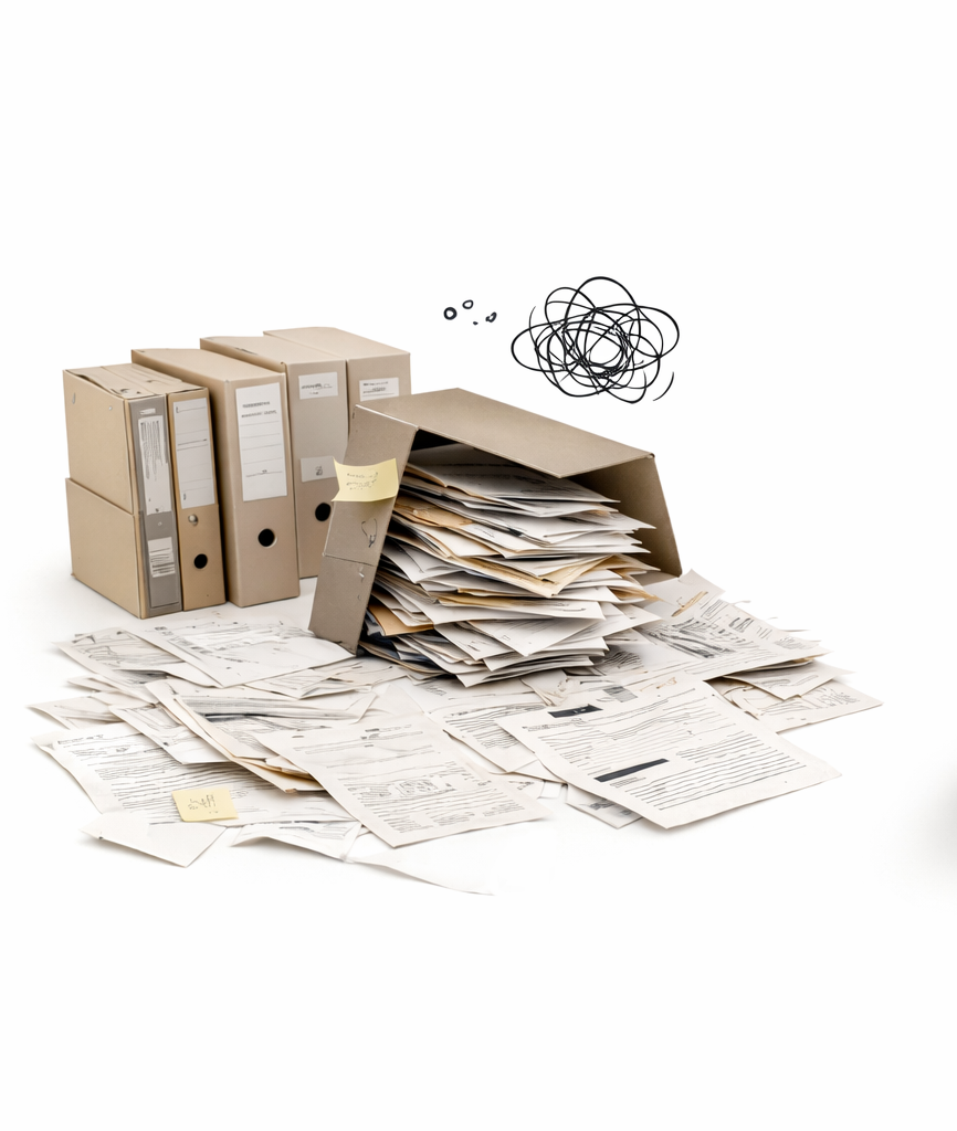 Faldoni e documenti cartacei disordinati